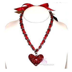 Silver Chain Bow Girls Womens Crystal Red Ribbon Heart Valentine Love Necklace